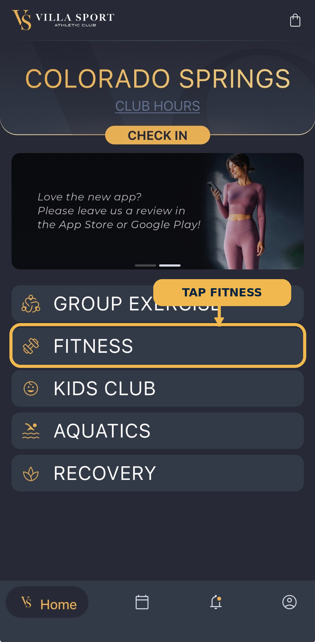 VillaSport app home screen with Fitness highlighted