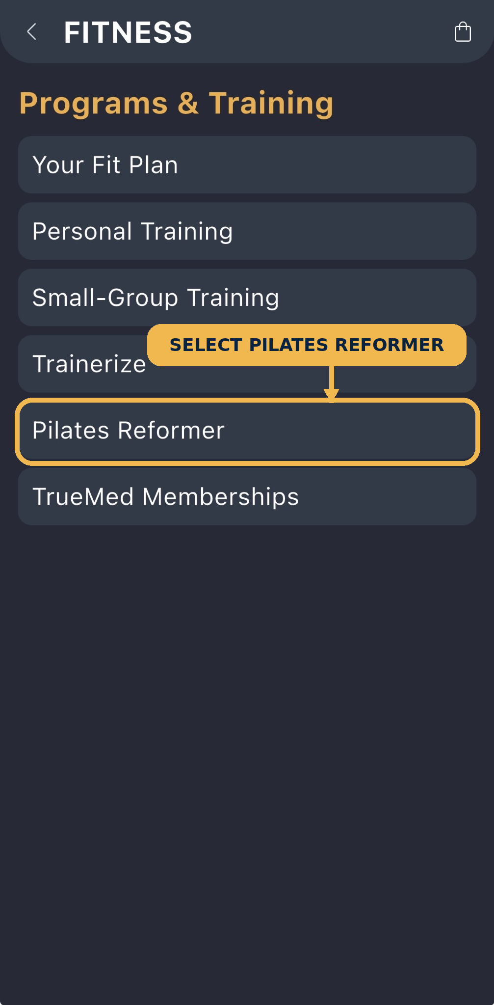 VillaSport Fitness menu with Pilates Reformer highlighted