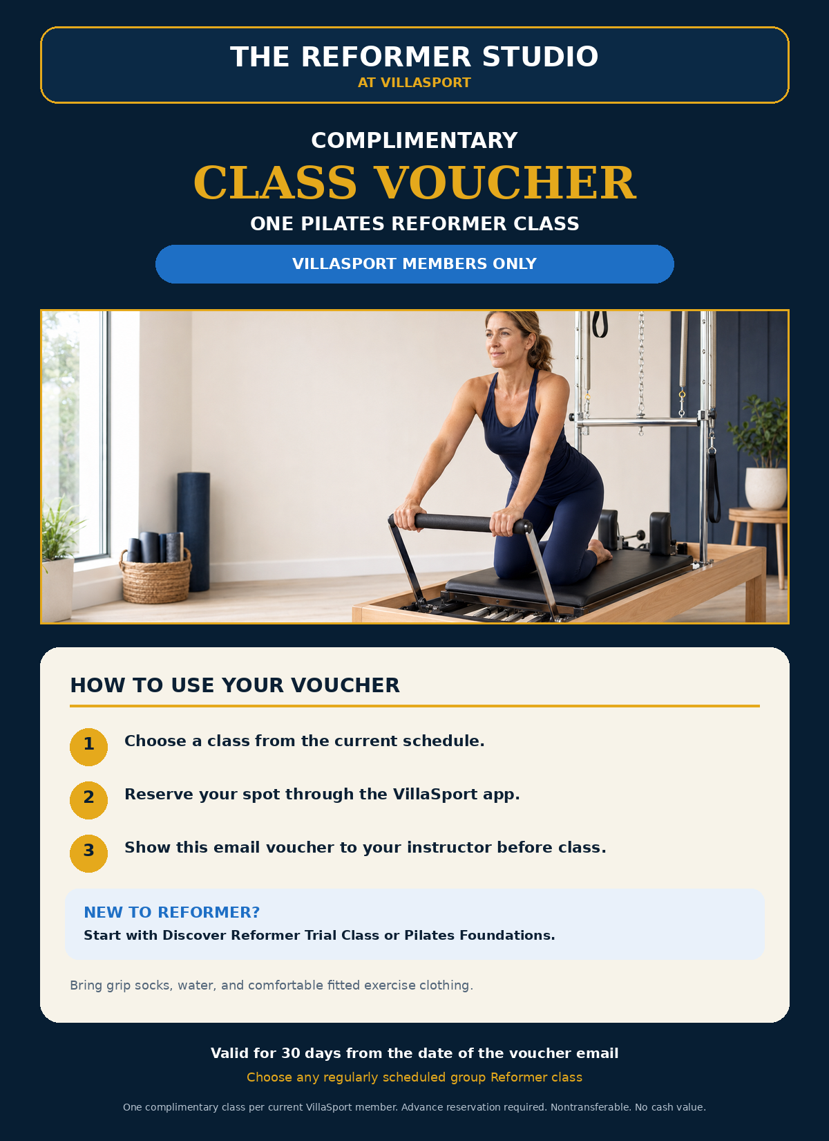 Complimentary one-class Pilates Reformer voucher for current VillaSport members