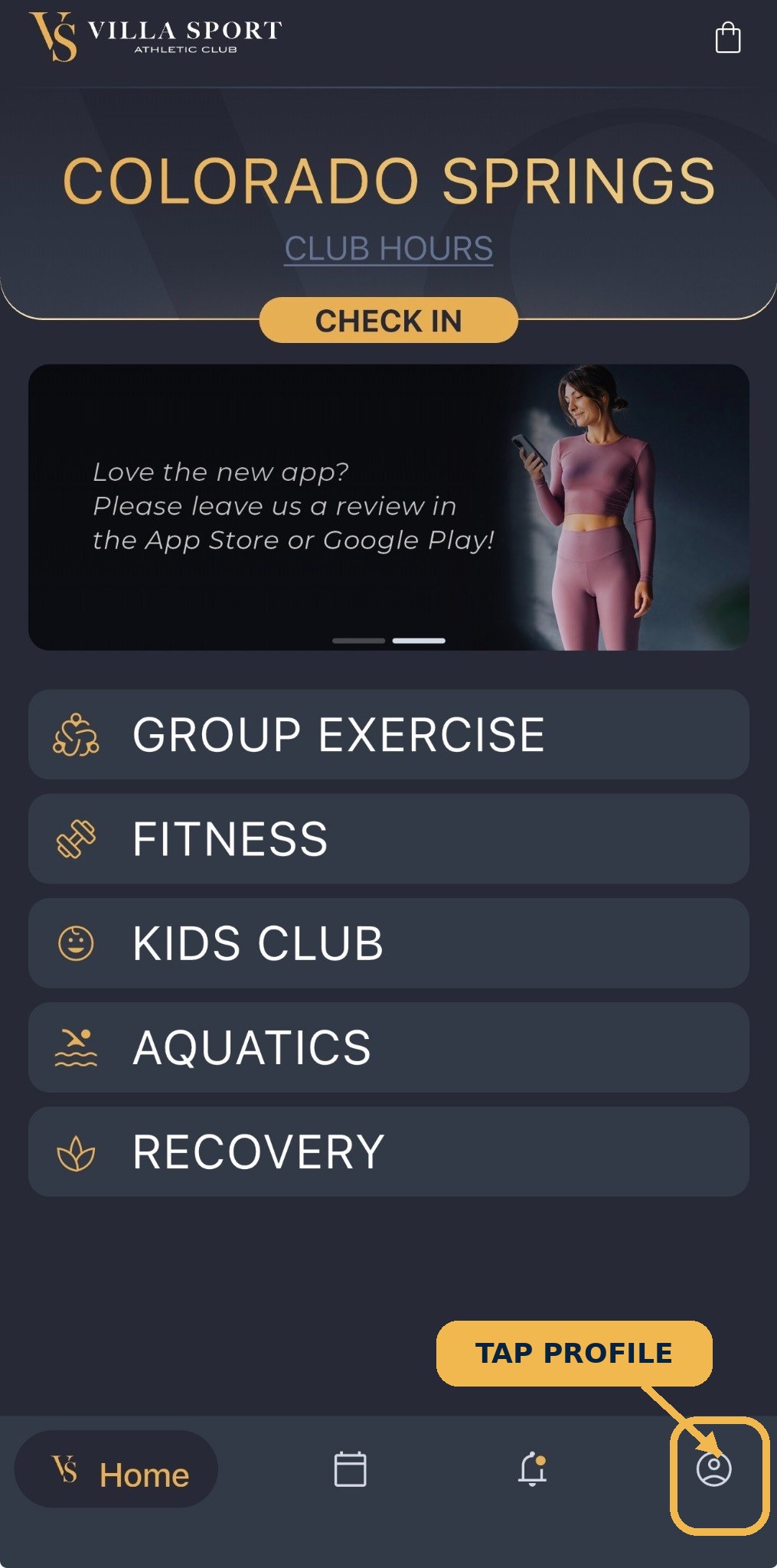 VillaSport app home screen showing the Profile icon in the lower-right corner