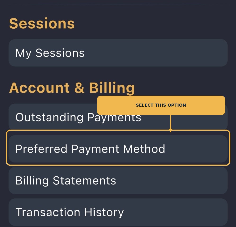 VillaSport app Account and Billing menu showing Preferred Payment Method